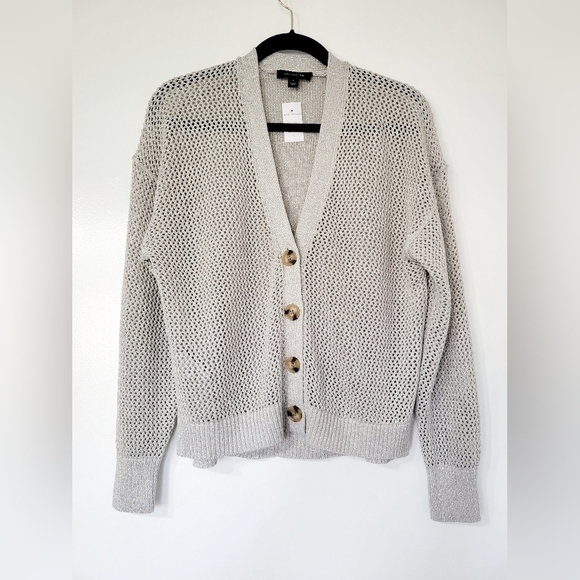 NWT Ann Taylor Silver Shimmer Grey Loose Knit Button Up Cardigan Size S - Picture 1 of 10